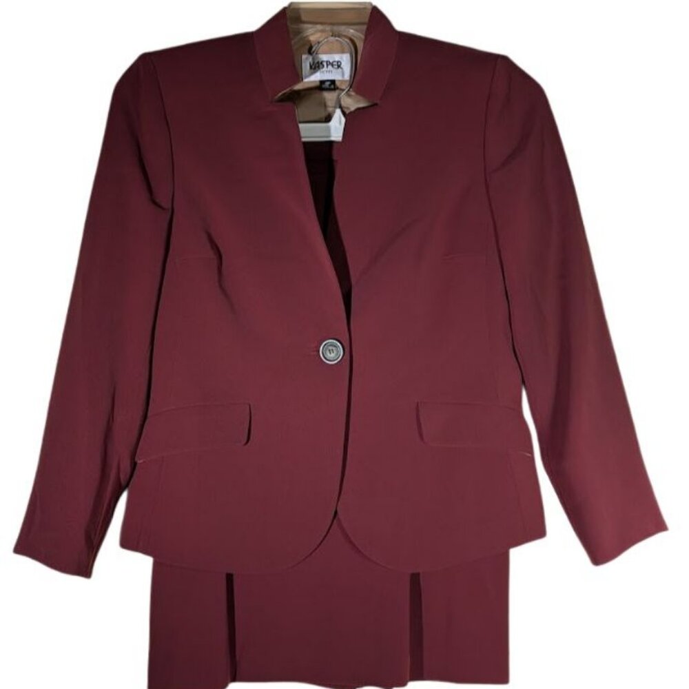 Vintage Y2K Kasper Petite Women's Sz 4 Burgundy Polyester 2pc Skirt Blazer Suit